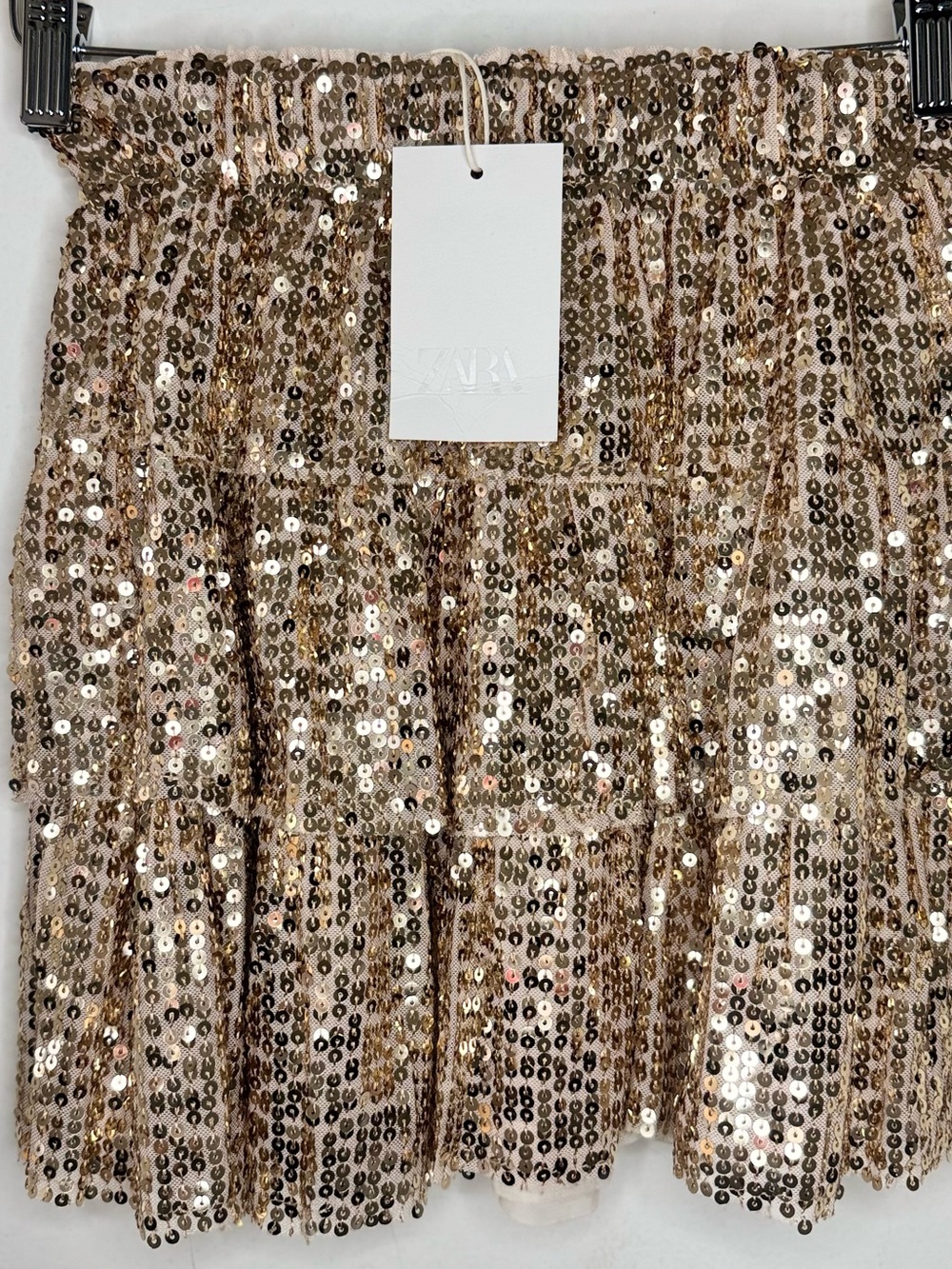 ZARA Girls Gold Sequin Tiered Ruffle Skirt 12 13 Kids NEW W Tags Glam Party